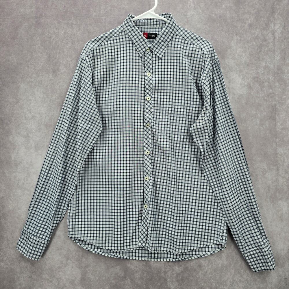 White Blue Checker Plaid Button Down‎ Long Sleeve Mens Shirt XL Extra Large